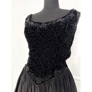 Gothic glam Black Velvet taffeta Midi Dress Whimsigoth Beaded Basque waist XS/S